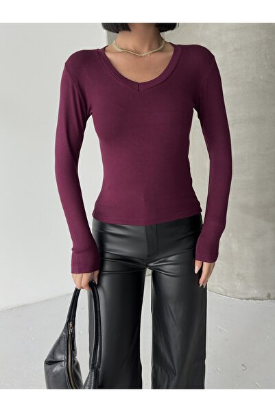 BEJNA Women's Burgundy Soft Touch V-Neck Blouse