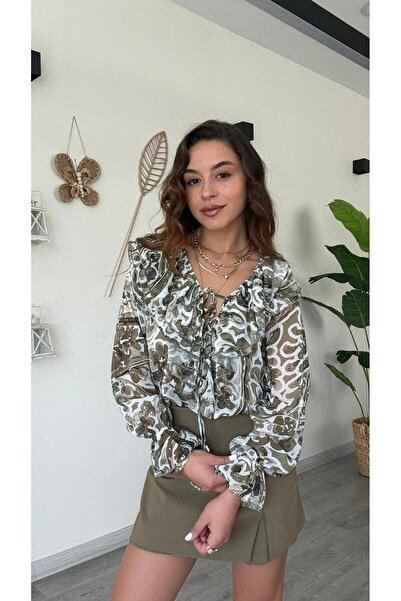 modadagiyim Women's Shirred and Sleeve Detailed Ruffled Tie-Up Patterned Chiffon Shirt Blouse