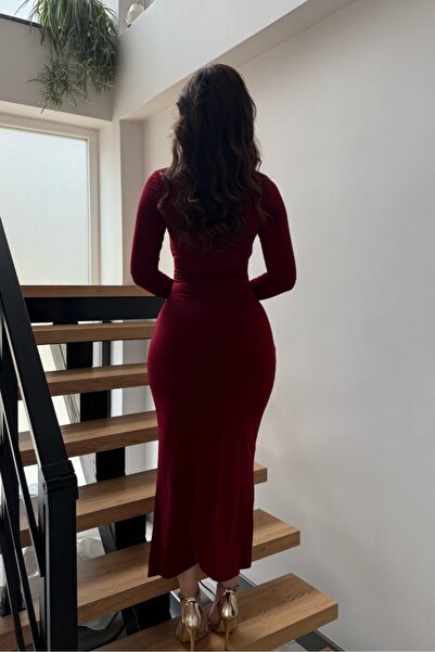 Safgiyim44 Önü Tokalı Bisiklet Yaka Elbise - Bordo