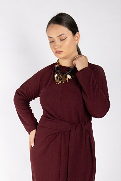 Bedrinxxl Kadın Büyük Beden Bordo Elbise Şık Davet Uzun Elbise Umay Elbise