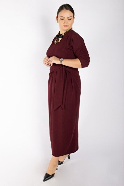 Bedrinxxl Kadın Büyük Beden Bordo Elbise Şık Davet Uzun Elbise Umay Elbise