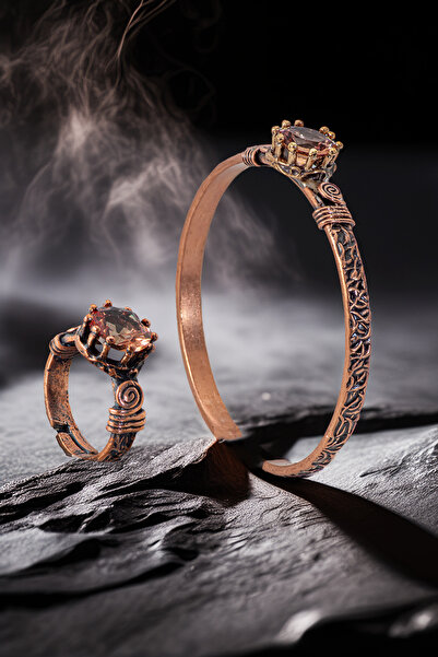 OSMANLI GÜMÜŞ Women's Copper Bracelet Ring Set - Zultanite Stone Model 2 Tree...