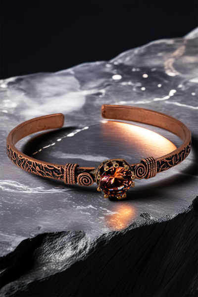 OSMANLI GÜMÜŞ Women's Copper Bracelet Ring Set - Zultanite Stone Model 2 Tree Bark Model Thin Metal Box Quartz Stone