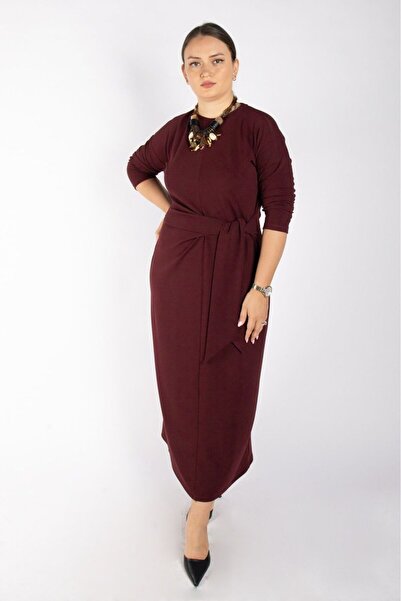 Bedrinxxl Kadın Büyük Beden Bordo Elbise Şık Davet Uzun Elbise Umay Elbise