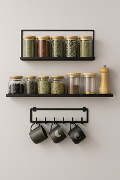 Genel Markalar Metal 6 Kanca Askılıklı Iskandinav Duvar Rafı 3 ‘lü Set Wd-254