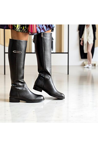 NE&VE SHOES Siyah Hakiki Deri Diz Altı Tokalı Kadın İçten Fermuarlı Günlük Bi...