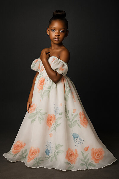 miço kids Kız Çocuk Abiye Elbise Çiçek Desenli Prenses Model Organze Kumaş