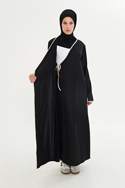 Lesa Wear Kruvaze Yaka İçten Dıştan Bağlamalı Namaz Elbisesi Siyah Esnek Kumaş, Tesettür Elbise, Namaz Elbise