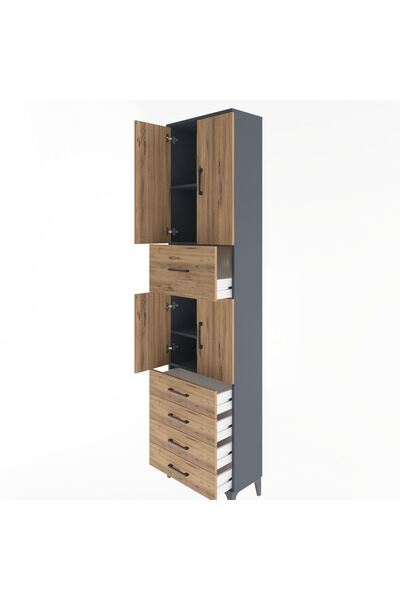 Dienni Arges Dolap 4 Raflı 5 Çekmeceli 4 Kapaklı 60x30x243 Antrasit-Çam