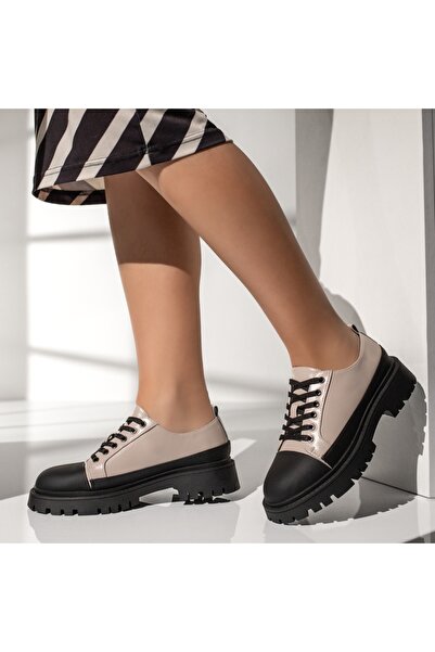 BMoD Pantofi casual bej și negri pentru femei, cu șireturi și talpă groasă MO...
