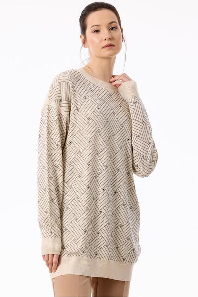 Tığ Triko Önü Kafes Taş Baskılı Tunik VANİLYA