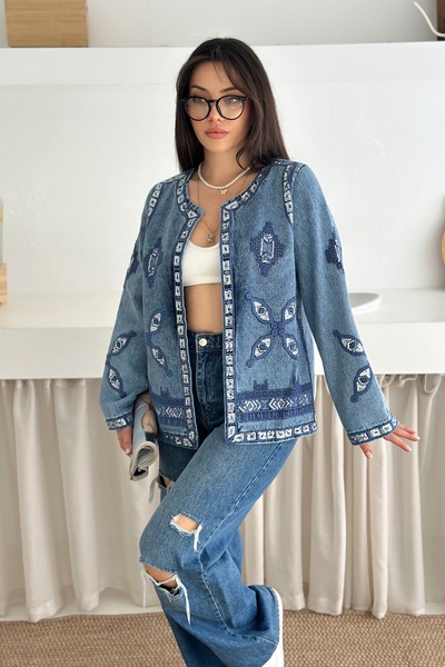 FEMELLE Etnik Desenli Pul Payet Nakışlı Denim Kot Ceket Vintage Bohem Tarz