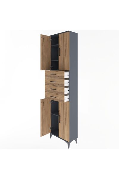 Dienni Arges Dolap 4 Raflı 4 Çekmeceli 4 Kapaklı 60x30x243 Antrasit-Çam