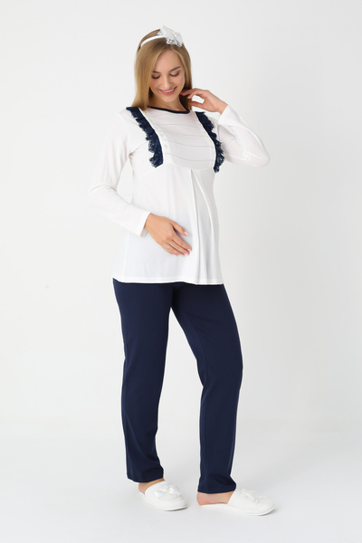 ERDENİZ TEKSTİL Pregnant Women's Pajamas & Robe Set of 3 – Cotton, Double-Sided Buttons, Adjustable Waist