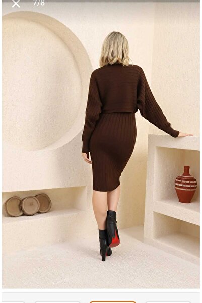 LİBASSİNİ Women's Bat Sleeve Two-Piece Knitwear Suit Brown