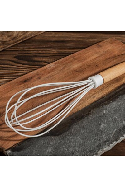 İnterlife Bamboo Handle Whisk Kitchen Silicone Whisk Food Preparation Whisk Tool (White 24 cm)