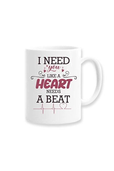 OEM Customized Mug with Message: 'I need you like a heart needs a beat', Betaprint, 330ml, white, cerami