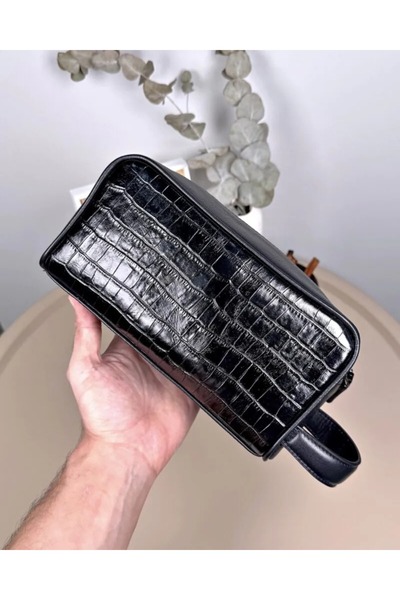 Fil Deri Croco Desenli Deri El Çantası – Hakiki Deri, Fermuarlı, Siyah 2123