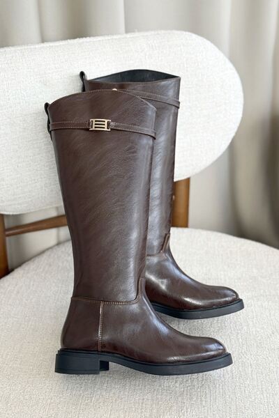 GOFFSHOES Cizme Nantes pentru damă, cu cataramă, cu talpă plată - maro-piele