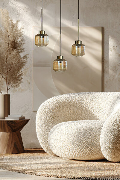 Bamyum Jerno Cam Bal Rengi Üçlü Yuvarlak Avize İnce Eskitme Başlık Retro Sarkıt Lamba Salon Aydınlatma