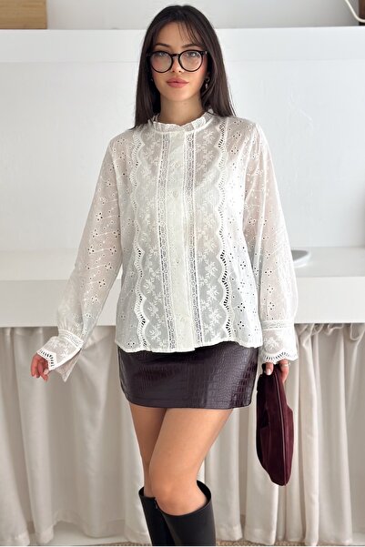FEMELLE White Lace Detailed Embroidered Stand Collar Vintage Shirt