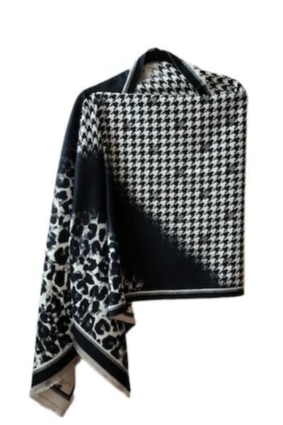 OEM Scarf made from black and cream viscose with leopard and pied de coq print, 195 x 65 cm