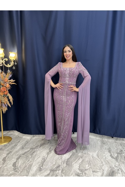 DADO BELLA Lila Balık Kesim Uzun Şifon Kollu Kare Yaka Taş ve Boncuk Detaylı ...