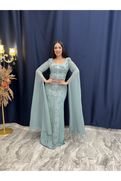 DADO BELLA Mint Yeşili Balık Kesim Uzun Şifon Kollu Kare Yaka Taş ve Boncuk Detaylı Yöresel Abiye