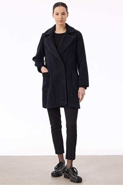 Tığ Triko Double-Breasted Hidden Snap Fastener Knitwear Combination Coat Black