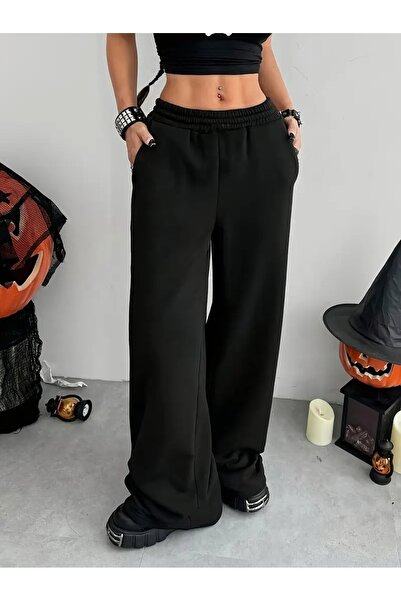 LOSSİA Γυναικείο μαύρο φαρδύ παντελόνι φόρμας μεγάλου μεγέθους, υψηλής ποιότη...