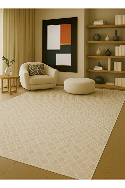 Rugs Modern Halı MOSSO Μπεζ Καρό Μοτίβα με Σχέδια Υφαντή Βάση με Μοτίβα Vinta...