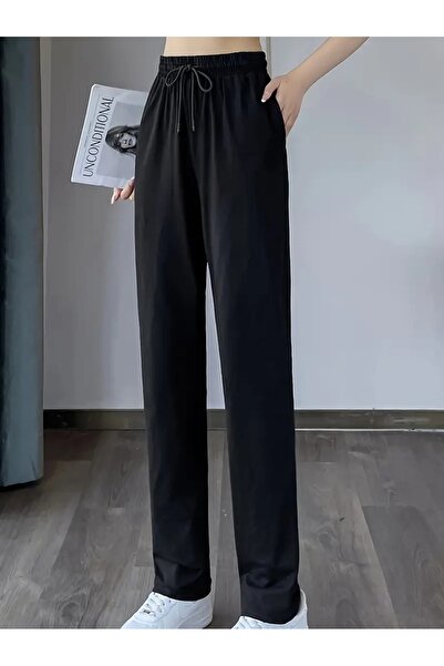LOSSİA Γυναικείο μαύρο φαρδύ παντελόνι φόρμας μεγάλου μεγέθους, υψηλής ποιότη...