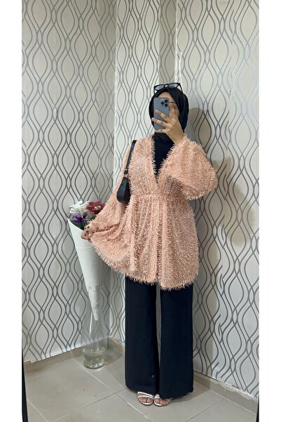 DİLEKBUTİK Salmon-Colored Fringed Mobile Belt Kimono