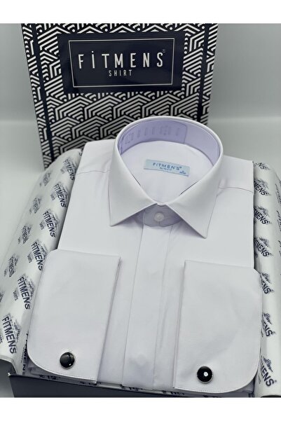 Fitmens Slim Fit Long Sleeve Concealed Button Lycra Tuxedo Groom Wear Men's Shirt Fs-004296 - White