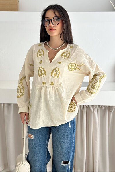 FEMELLE Beige Ethnic Patterned V-Neck Embroidered Casual Blouse