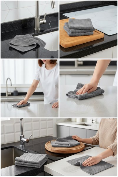 EVLE 3-Pack Non-Marking Microfiber Cleaning Cloth, Multi-Purpose Kitchen & General Cleaning Cloth, Gray