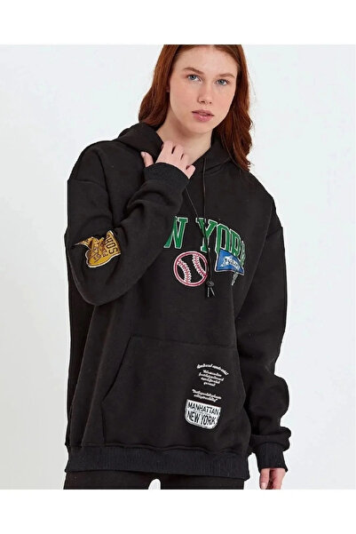 Exbob Women's Printed Hooded Sweatshirt - Black