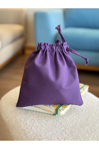 MEKİK BUTİK Mor Keten Mini Bez Kese - Büzgülü Çanta İçi Düzenleyici - Makyaj Çantası - 20x20 -bez poşet