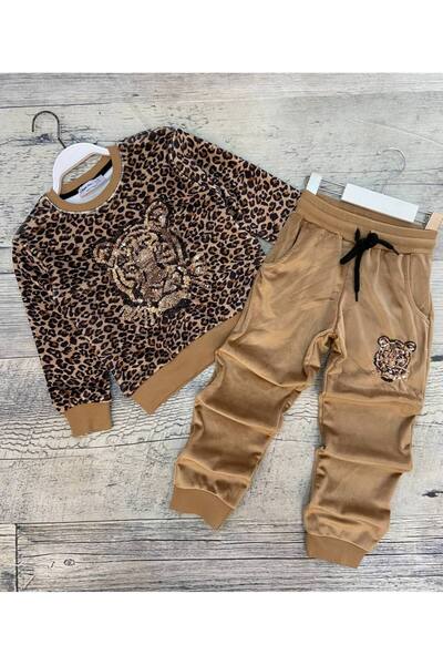 Store Kadife Kaplanlı pul işlemeli leopar takım