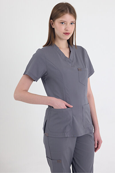 MAZEY UNİFORM زي طبي رمادي فاتح من الليكرا والفسكون بياقة على شكل V، زي للممر...