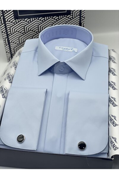 Fitmens Slim Fit Uzun Kol Gizli Düğmeli Likralı Smokin Damatlık Erkek Gömlek FS-004296 - Mavi