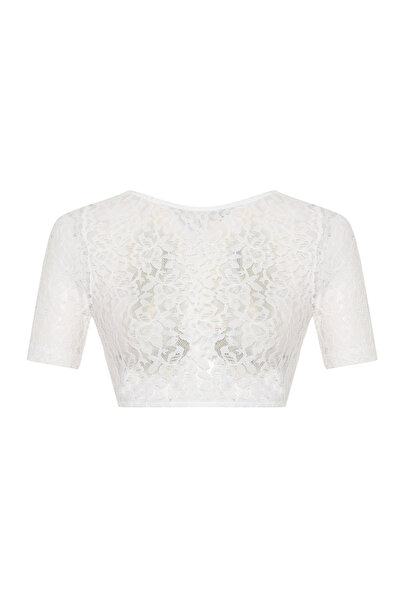 AQUELLA Top crop alb din dantelă guipură