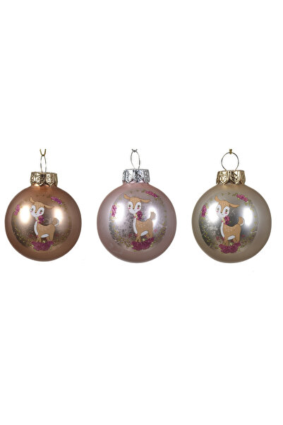 BraziPremium Set de 3 globuri de Crăciun Bambi, sticlă, 4,5 cm, roz