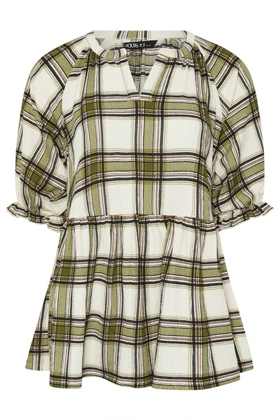 Stil Diva Plus Size Short Sleeve V-Neck Ruffled Elastic Waist Checkered T-Shirt 322964
