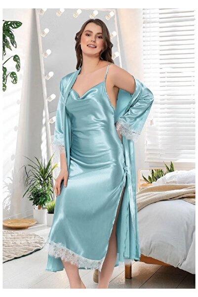 FAAL 2602 Set de cămașă de noapte lungă din satin pentru femei, cu guler cu ș...