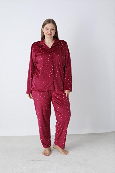 Estiva Battal Polka Dot Buttoned Front Velvet Pajama Set