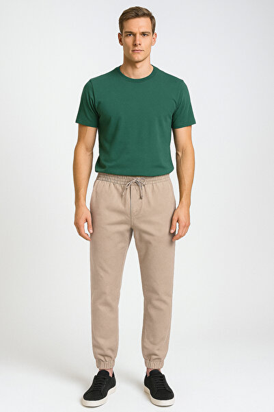 ASG TEKSTİL Dark Beige Color Plain Design Elasticated Cuffs Button Closure Slim Fit Men's Trousers