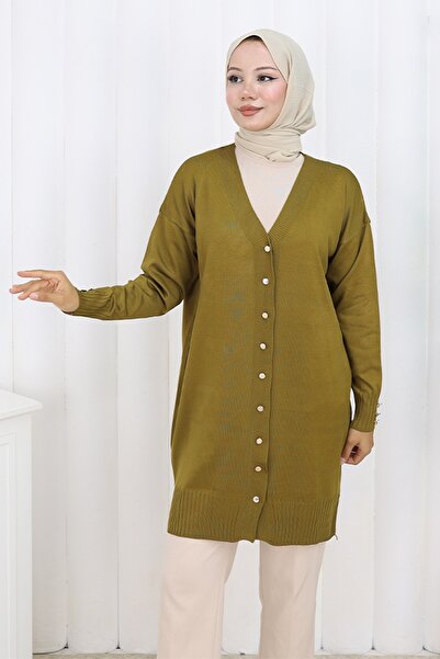 benguen Μακριά ζακέτα με κουμπιά N3176 Πράσινο λαδί