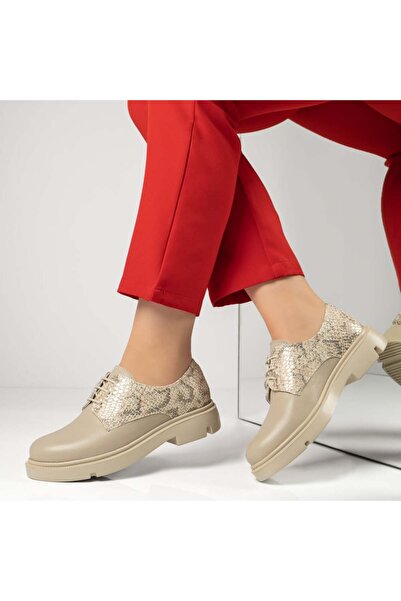 Modlet.ro Pantofi sport damă bej cu imprimeu și șireturi, din piele MOD13415