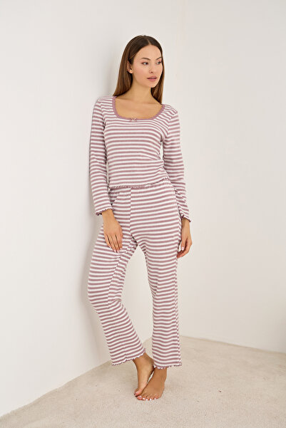 Siyah İnci Σετ πιτζάμες με δαντέλα από μαλακό κορδόνι με βούρτσα, αποξηραμένο τριαντάφυλλο, λευκό 25226011